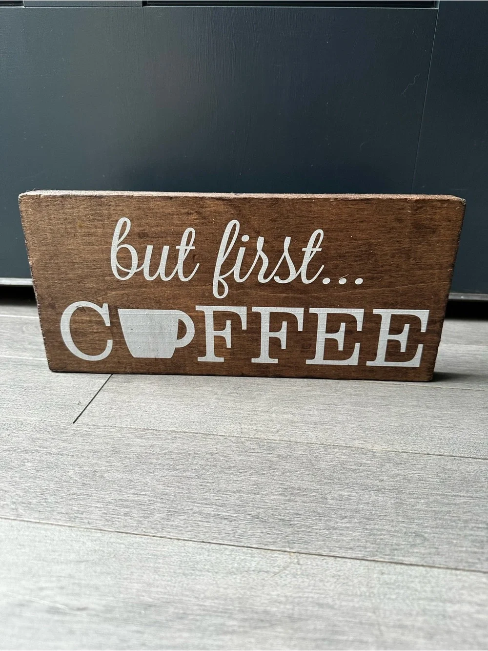 Wooden Rustic Farmhouse But First Coffee Stained Hanging Shelf Kitchen Sign